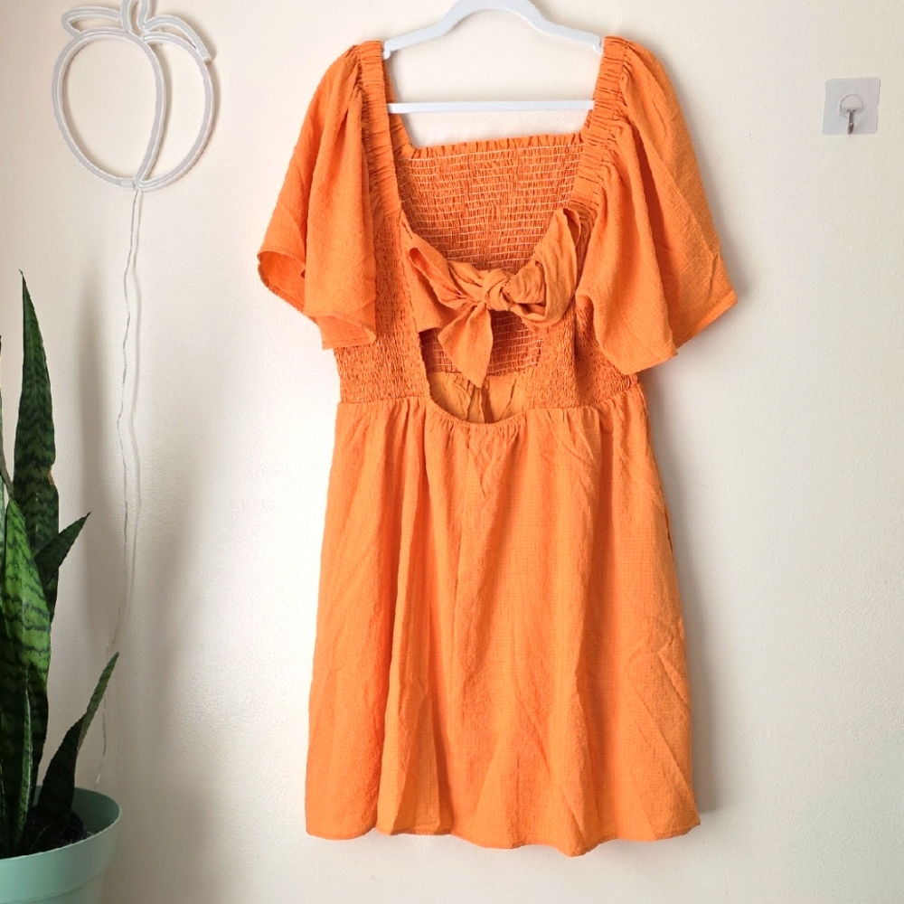 Orange Smocked Women's Dress With Tye Back